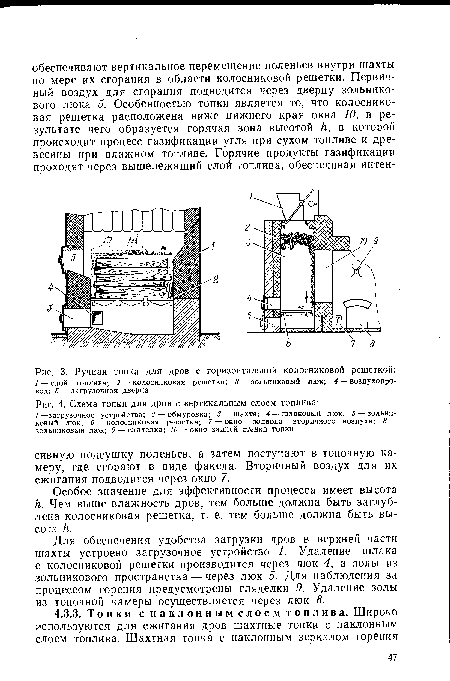 Особое значение для эффективности процесса имеет высота к. Чем выше влажность дров, тем больше должна быть заглублена колосниковая решетка, т. е. тем больше должна быть высота /г.