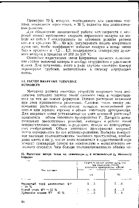 Для обеспечения экономичной работы котлоагрегата с вихревой топкой необходимо: скорость первичного воздуха на выходе из сопла 7 поддерживать на основном режиме работы котла в пределах 30...40 м/с, регулировать подачу вторичного дутья так, чтобы коэффициент избытка воздуха в конце топки был в пределах а= 1,2... 1,3, поддерживать температуру дутьевого воздуха в пределах от 200 до 250 °С.