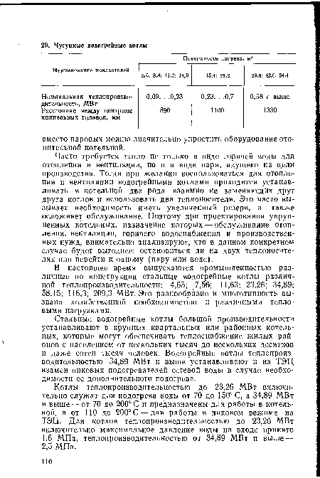 Часто требуется тепло не только в виде горячей воды для отопления и вентиляции, но и в виде пара, идущего на цели производства. Тогда при желании воспользоваться для отопления и вентиляции водогрейными котлами приходится устанавливать в котельной два рода взаимно не заменяющих друг друга котлов и использовать два теплоносителя. Это часто вызывает необходимость иметь увеличенный резерв, а также осложняет обслуживание. Поэтому при проектировании укрупненных котельных, назначение которых — обслуживание отопления, вентиляции, горячего водоснабжения и производственных нужд, внимательно анализируют, что в данном конкретном случае будет выгоднее: остановиться ли на двух теплоносителях или перейти к одному (пару или воде).