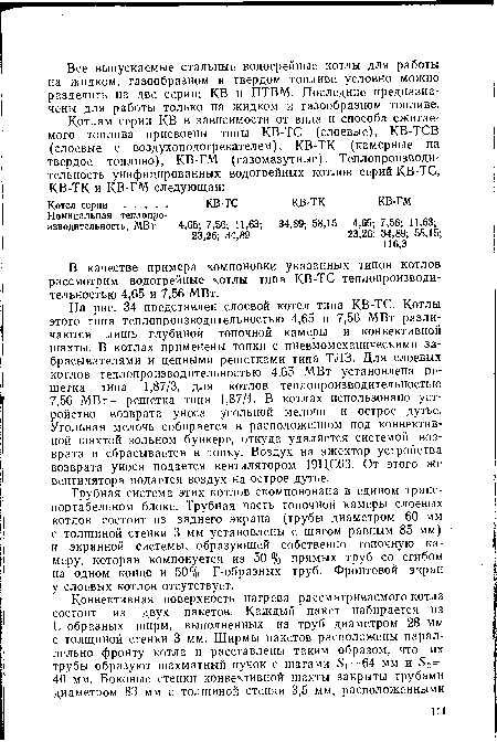В качестве примера компоновки указанных типов котлов рассмотрим водогрейные котлы типа КВ-ТС теплопроизводительностью 4,65 и 7,56 МВт.