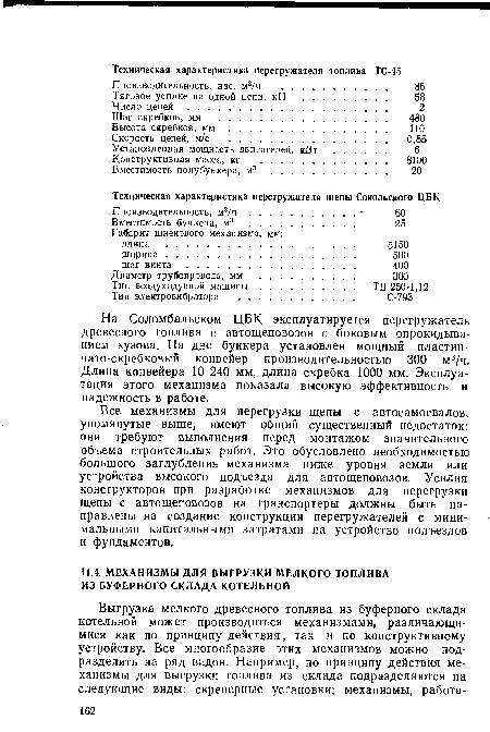 На Соломбальском ЦБК эксплуатируется перегружатель древесного топлива с автощеповозов с боковым опрокидыванием кузова. На дне бункера установлен мощный пластинчато-скребковый конвейер производительностью 300 м3/ч. Длина конвейера 10 240 мм, длина скребка 1000 мм. Эксплуатация этого механизма показала высокую эффективность и надежность в работе.