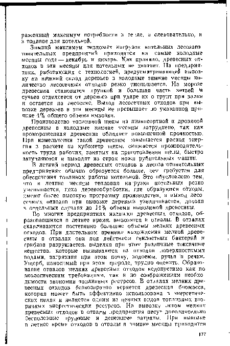 В летний период древесных отходов в лесозаготовительных предприятиях обычно образуется больше, чем требуется для обеспечения топливом работы котельной. Это обусловлено тем, что в летние месяцы тепловая нагрузка котельных резко уменьшается, цеха деревообработки, где образуются отходы, имеют более высокую программу производства, а выход лесосечных отходов при вывозке деревьев увеличивается, доходя в отдельных случаях до 14% объема вывозимой древесины.