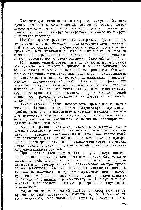 Таким образом, когда поверхность древесины достигнет значения, близкого к влажности воздушно-сухой древесины, грибки, вызывающие нагревание древесины, впадают в состояние анабиоза, в котором и находятся до тех пор, пока влажность древесины не увеличится до величины, благоприятной для их жизнедеятельности.