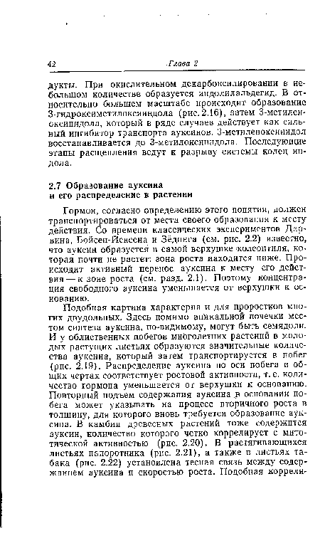 Гормон, согласно определению этого понятия, должен транспортироваться от места своего образования к месту действия. Со времени классических экспериментов Дарвина, Бойсен-Иенсена и Зёдинга (см. рис. 2.2) известно, что ауксин образуется в самой верхушке колеоптиля, которая почти не растет: зона роста находится ниже. Происходит активный перенос ауксина к месту его действия— к зоне роста (см. разд. 2.1). Поэтому концентрация свободного ауксина уменьшается от верхушки к основанию.