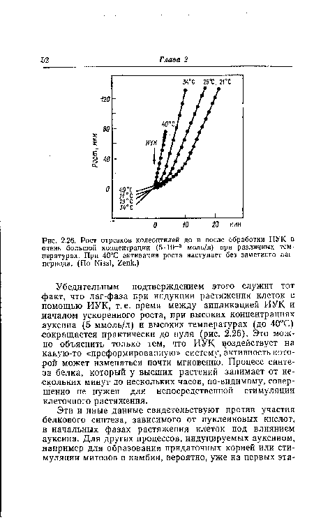 Рост отрезков колеоптилей до и после обработки ИУК в очень большой концентрации (5-10-3 моль/л) при различных температурах. При 40°С активация роста наступает без заметного лаг-периода. (По Nissl, Zenk.)