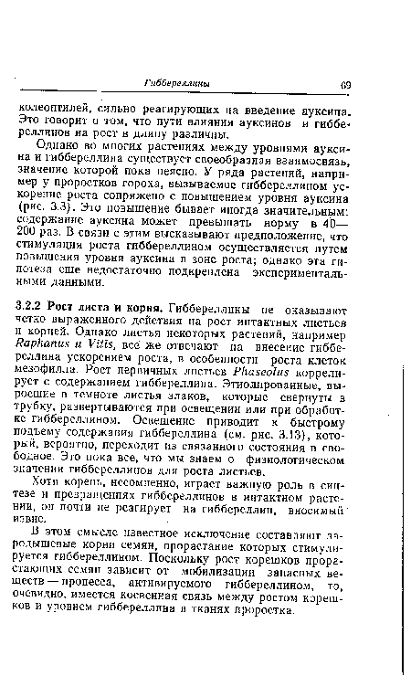 Хотя корень, несомненно, играет важную роль в синтезе и превращениях гиббереллинов в интактном растении, он почти не реагирует на гиббереллин, вносимый извне.