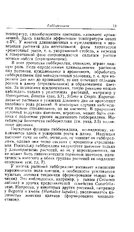 Первичная функция гиббереллина, по-видимому, заключается здесь в ускорении роста в длину. Индукция цветения сама по себе, очевидно, не зависит от гиббереллина, однако она тесно связана с процессом стрелкования. Поскольку гиббереллин индуцирует цветение только у длиннодневных растений, но не у короткодневных, он не может быть гипотетическим гормоном цветения, идентичность которого в обеих группах растений не подлежит сомнению (см. гл. 7).