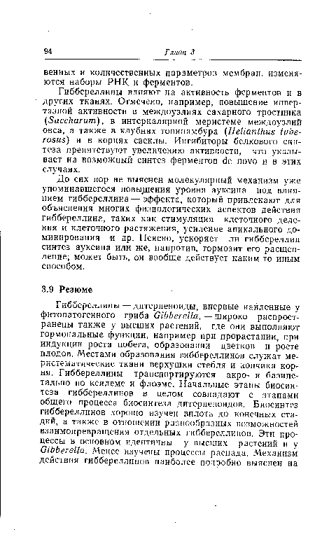 До сих пор не выяснен молекулярный механизм уже упоминавшегося повышения уровня ауксина под влиянием гиббереллина— эффекта, который привлекают для объяснения многих физиологических аспектов действия гиббереллина, таких как стимуляция клеточного деления и клеточного растяжения, усиление апикального доминирования и др. Неясно, ускоряет ли гиббереллин синтез ауксина или же, напротив, тормозит его расщепление; может быть, он вообще действует каким-то иным способом.