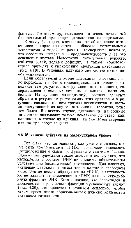 Если образуемый в корне цитокинин, очевидно, легко переходит в побег с транспирационным током и выполняет там регуляторные функции, то цитокинины, содержащиеся в молодых семенах и плодах, мало ..мобильны. Их функция, по-видимому, состоит главным образом в регуляции роста самих этих органов и в регуляции связанного с ним притока ассимилятов. В листьях поступивший из корня цитокинин, вероятно, тоже немобилен. Во всяком случае, цитокинины, нанесенные на листья, оказывают только локальное действие, как, например, в случае их влияния на симптомы старения или на транспорт веществ.