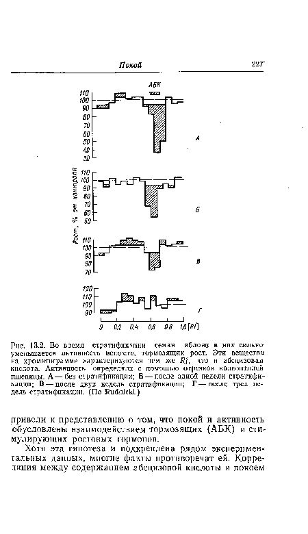 Во время стратификации семян яблони в них сильно уменьшается активность веществ, тормозящих рост. Эти вещества на хроматограмме характеризуются тем же что и абсцизовая кислота. Активность определяли с помощью отрезков колеоптилей пшеницы. А — без стратификации; Б — после одной недели стратификации; В — после двух недель стратификации; Г — после трех недель стратификации. (По Кис!шск1.)