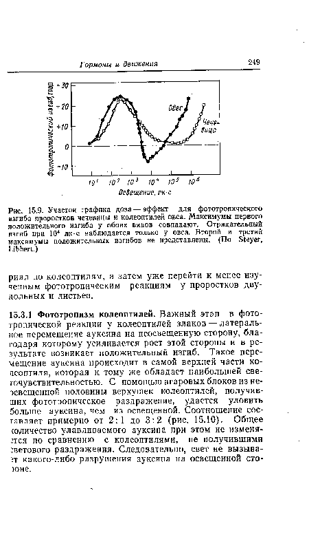 Участок графика доза — эффект для фототропического изгиба проростков чечевицы и колеоптилей овса. Максимумы первого положительного изгиба у обоих видов совпадают. Отрицательный изгиб при 104 лк-с наблюдается только у овса. Второй и третий максимумы положительных изгибов не представлены. (По 81еуег, ЫЬЬей.)