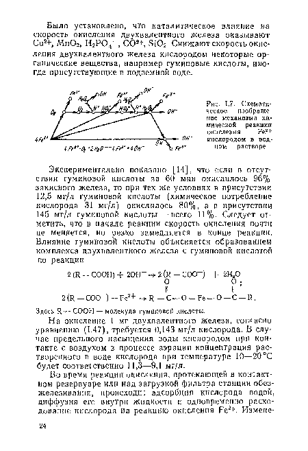 Схематическое изображение механизма химической реакции окисления Рег+ кислородом в водном растворе