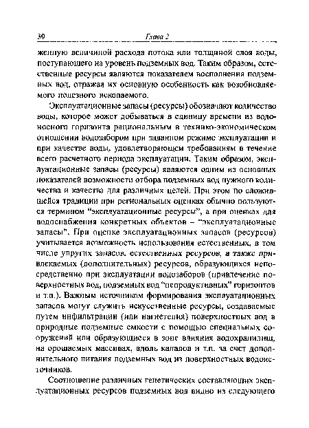 Эксплуатационные запасы (ресурсы) обозначают количество воды, которое может добываться в единицу времени из водоносного горизонта рациональным в технико-экономическом отношении водозабором при заданном режиме эксплуатации и при качестве воды, удовлетворяющем требованиям в течение всего расчетного периода эксплуатации. Таким образом, эксплуатационные запасы (ресурсы) являются одним из основных показателей возможности отбора подземных вод нужного количества и качества для различных целей. При этом по сложившейся традиции при региональных оценках обычно пользуются термином “эксплуатационные ресурсы”, а при оценках для водоснабжения конкретных объектов - “эксплуатационные запасы”. При оценке эксплуатационных запасов (ресурсов) учитывается возможность использования естественных, в том числе упругих запасов, естественных ресурсов, а также привлекаемых (дополнительных) ресурсов, образующихся непосредственно при эксплуатации водозаборов (привлечение поверхностных вод, подземных вод “непродуктивных” горизонтов и т.п.). Важным источником формирования эксплуатационных запасов могут служить искусственные ресурсы, создаваемые путем инфильтрации (или нагнетения) поверхностных вод в природные подземные емкости с помощью специальных сооружений или образующиеся в зоне влияния водохранилищ, на орошаемых массивах, вдоль каналов и т.п. за счет дополнительного питания подземных вод из поверхностных водоисточников.