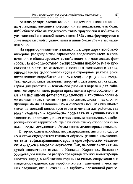 На территории континентальных платформ характерно закономерное распределение параметров подземного стока в соответствии с общеширотным воздействием климатических факторов. На фоне широтного распределения наиболее резко проявляются местные изменения величин подземного стока, определяемые гидрогеологическим строением разреза зоны интенсивного водообмена и типами геофильтрационной среды. Так, максимальные величины модулей подземного стока характерны для участков интенсивного развития карста и для районов, где верхняя часть разреза представлена крупнообломочными или песчаными флювиогляциальными и конечно-моренны-ми отложениями, а также для речных долин, сложенных хорошо проницаемыми аллювиальными отложениями. Минимальные значения модулей подземного стока отмечены для районов, где зона интенсивного водообмена представлена суглинистыми и глинистыми породами, и для относительно пониженных слабо-расчлененных территорий, где развитые сверху слабопроницаемые породы затрудняют инфильтрацию атмосферных осадков.