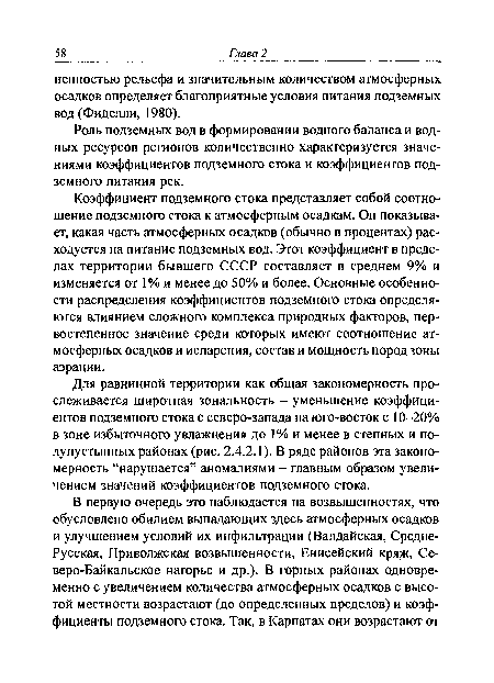 Для равнинной территории как общая закономерность прослеживается широтная зональность - уменьшение коэффициентов подземного стока с северо-запада на юго-восток с 10-20% в зоне избыточного увлажнения до 1% и менее в степных и полупустынных районах (рис. 2.4.2.1). В ряде районов эта закономерность “нарушается” аномалиями - главным образом увеличением значений коэффициентов подземного стока.