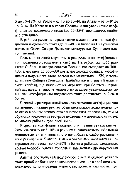 Важной характеристикой являются значения коэффициентов подземного питания рек, которые показывают долю подземного стока в общем речном стоке и позволяют определить, таким образом, соотношение ресурсов подземных и поверхностных вод во многих районах гумидной зоны.