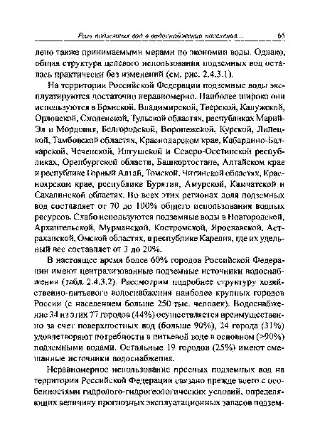 На территории Российской Федерации подземные воды эксплуатируются достаточно неравномерно. Наиболее широко они используются в Брянской, Владимирской, Тверской, Калужской, Орловской, Смоленской, Тульской областях, республиках Марий-Эл и Мордовия, Белгородской, Воронежской, Курской, Липецкой, Тамбовской областях, Краснодарском крае, Кабардино-Балкарской, Чеченской, Ингушской и Северо-Осетинской республиках, Оренбургской области, Башкортостане, Алтайском крае и республике Горный Алтай, Томской, Читинской областях, Красноярском крае, республике Бурятия, Амурской, Камчатской и Сахалинской областях. Во всех этих регионах доля подземных вод составляет от 70 до 100% общего использования водных ресурсов. Слабо используются подземные воды в Новгородской, Архангельской, Мурманской, Костромской, Ярославской, Астраханской, Омской областях, в республике Карелия, где их удельный вес составляет от 3 до 20%.