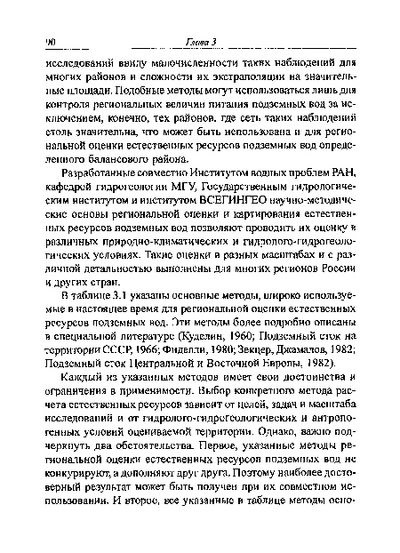 Разработанные совместно Институтом водных проблем РАН, кафедрой гидрогеологии МГУ, Государственным гидрологическим институтом и институтом ВСЕГИНГЕО научно-методические основы региональной оценки и картирования естественных ресурсов подземных вод позволяют проводить их оценку в различных природно-климатических и гидролого-гидрогеологических условиях. Такие оценки в разных масштабах и с различной детальностью выполнены для многих регионов России и других стран.