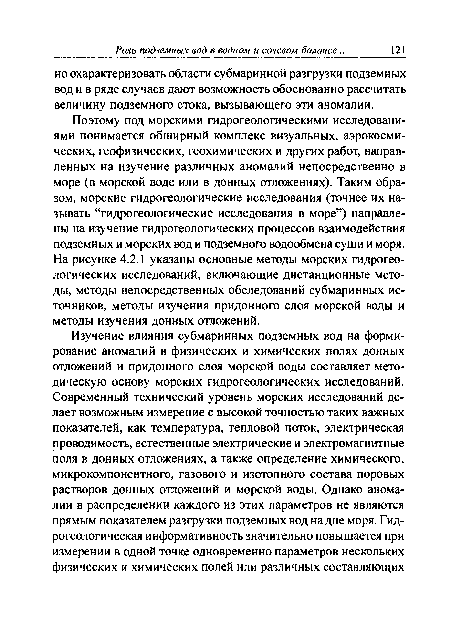 Поэтому под морскими гидрогеологическими исследованиями понимается обширный комплекс визуальных, аэрокосмических, геофизических, геохимических и других работ, направленных на изучение различных аномалий непосредственно в море (в морской воде или в донных отложениях). Таким образом, морские гидрогеологические исследования (точнее их называть “гидрогеологические исследования в море”) направлены на изучение гидрогеологических процессов взаимодействия подземных и морских вод и подземного водообмена суши и моря. На рисунке 4.2.1 указаны основные методы морских гидрогеологических исследований, включающие дистанционные методы, методы непосредственных обследований субмаринных источников, методы изучения придонного слоя морской воды и методы изучения донных отложений.