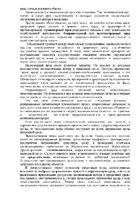 Правомерный вред носит плановый характер. Он исходит из реальных возможностей восстановления потерь в природной среде. Поэтому причинение такого вреда в процессе производственно-хозяйственной деятельности и его возмещение предусматриваются в государственных плановых заданиях. Обязанность министерств и ведомств, предприятий и организаций по возмещению правомерного вреда вытекает из их хозяйственной деятельности по факту причинения вреда и носит название экономической ответственности.