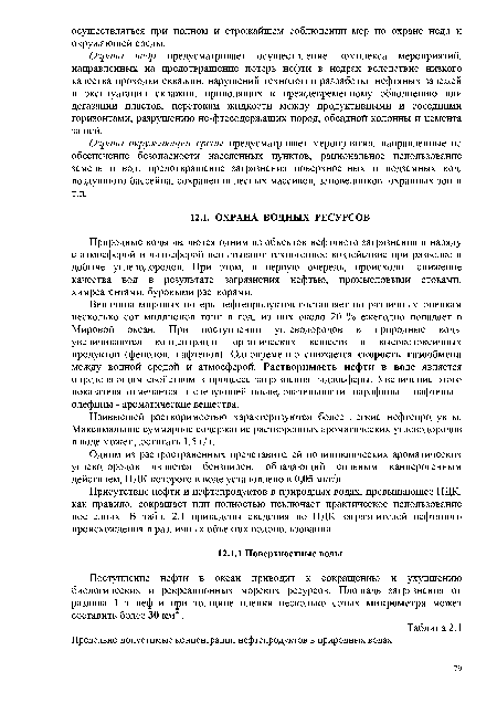 Природные воды являются одним из объектов нефтяного загрязнения и наряду с атмосферой и литосферой испытывают техногенное воздействие при разведке и добыче углеводородов. При этом, в первую очередь, происходит снижение качества вод в результате загрязнения нефтью, промысловыми стоками, химреагентами, буровыми растворами.