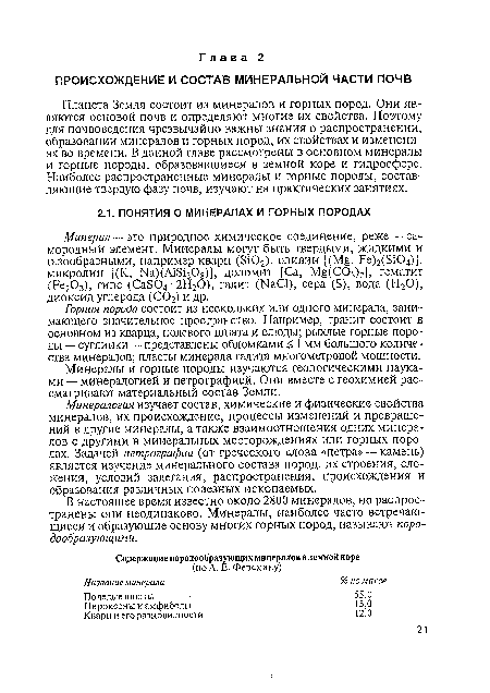 Горная порода состоит из нескольких или одного минерала, занимающего значительное пространство. Например, гранит состоит в основном из кварца, полевого шпата и слюды; рыхлые горные породы — суглинки — представлены обломками 5 1 мм большого количества минералов; пласты минерала галита многометровой мощности.