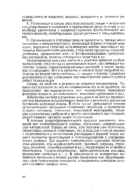 Изменения свойств и режимов почв довольно быстро происходят под влиянием антропогенного фактора в результате распашки человеком целинных земель. В этом случае прерывается течение установившихся природных почвенных процессов, а проведение приемов осушения, орошения, химической мелиорации, внесения органических удобрений и других мероприятий дает почвообразовательному процессу новое направление.