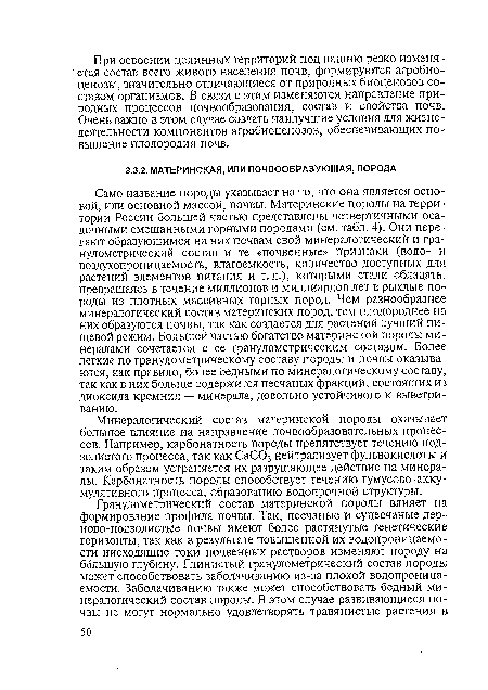 Само название породы указывает на то, что она является основой, или основной массой, почвы. Материнские породы на территории России большей частью представлены четвертичными осадочными смешанными горными породами (см. табл. 4). Они передают образующимся на них почвам свой минералогический и гранулометрический состав и те «почвенные» признаки (водо- и воздухопроницаемость, влагоемкость, количество доступных для растений элементов питания и т.д.), которыми стали обладать, превращаясь в течение миллионов и миллиардов лет в рыхлые породы из плотных массивных горных пород. Чем разнообразнее минералогический состав материнских пород, тем плодороднее на них образуются почвы, так как создается для растений лучший пищевой режим. Большей частью богатство материнской породы минералами сочетается с ее гранулометрическим составом. Более легкие по гранулометрическому составу породы и почвы оказываются, как правило, более бедными по минералогическому составу, так как в них больше содержится песчаных фракций, состоящих из диоксида кремния — минерала, довольно устойчивого к выветриванию.