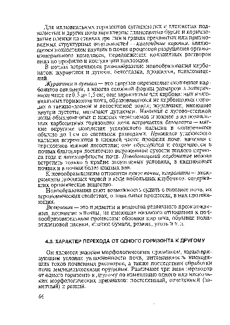 Он является важным морфологическим признаком, характеризующим условия увлажненности почв, интенсивность нисходящих токов почвенных растворов, а также последствия обработки почв земледельческими орудиями. Различают три вида переходов от одного горизонта к другому по изменению одного или нескольких морфологических признаков: постепенный, отчетливый (заметный) и резкий.