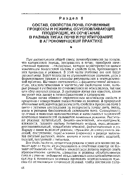 При рассмотрении общей схемы почвообразования вы узнали, что материнская порода, превращаясь в почву, приобрела качественный признак — плодородие, которое характеризуется целым комплексом показателей состава и свойств почв, протекающих в них процессов и режимов. В этой части учебника все они будут рассмотрены. Будут показаны их агрономическое значение, роль в формировании урожая и способы регулирования в земледельческой практике. Вы также ознакомитесь с ферментативной активностью, аллелопатическими и магнитными свойствами почв, которые раньше в учебниках по почвоведению не описывались, так как шел сбор научных данных. В настоящее время уже известно, какое значение они имеют в почвообразовании и плодородии.