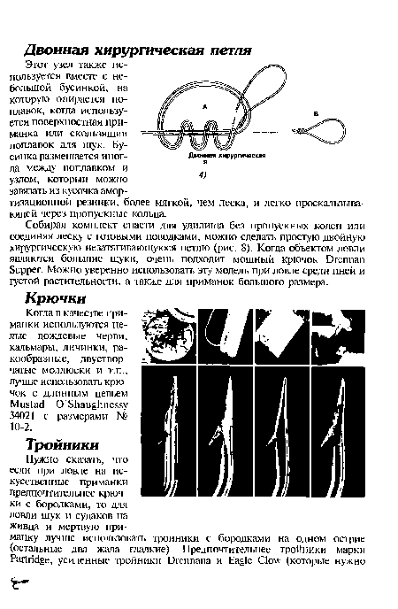 Собирая комплект снасти для удилища без пропускных колец или соединяя леску с готовыми поводками, можно сделать простую двойную хирургическую незатягиваюшуюся петлю (рис. 8). Когда объектом ловли являются большие щуки, очень подходит мощный крючок Drennan Supper. Можно уверенно использовать эту модель при ловле среди пней и густой растительности, а также для приманок большого размера.