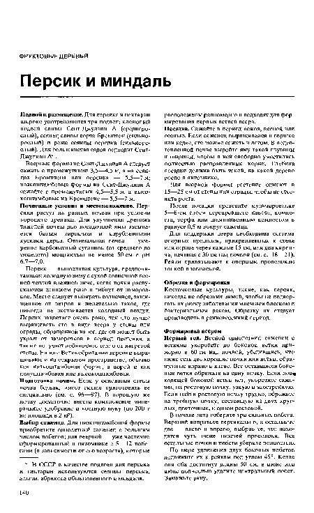 Подвой и размещение. Для персика и нектарин широко употребляются три подвоя: клоновый подвой сливы Сент-Джулиан А (среднерослый), сеянец сливы сорта Бромптон (сильнорослый) и реже сеянцы персика (сильнорослый). Для большинства садов подходит Сент-Джулиан А .