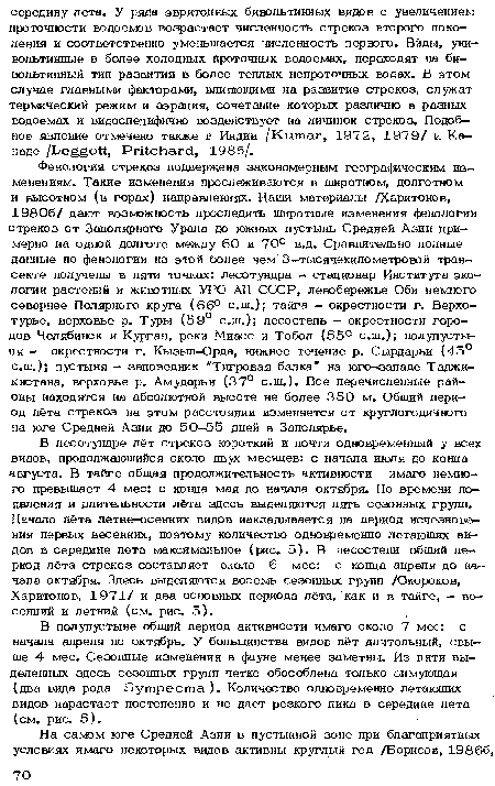 Фенология стрекоз подвержена закономерным географическим изменениям. Такие изменения прослеживаются в широтном, долготном и высотном (в горах) направлениях. Наши материалы /Харитонов, 19806/ дают возможность проследить широтные изменения фенологии стрекоз от Заполярного Урала до южных пустынь Средней Азии примерно на одной долготе между 60 и 70° в.д. Сравнительно полные данные по фенологии на этой более чем 3-тысячекилометровой тран-секте получены в пяти точках: лесотундра - стационар Института экологии растений и животных УРО АН СССР, левобережье Оби немного севернее Полярного круга (66° с.ш.); тайга - окрестности г. Верхотурье, верховье р. Туры (59° с.ш.); лесостепь - окрестности городов Челябинск и Курган, реки Миасс и Тобол (55° с.ш.); полупустыня - окрестности г. Кызыл-Орда, нижнее течение р. Сырдарьи (45° с.ш.); пустыня - заповедник "Тигровая балка на юго-западе Таджикистана, верховье р. Амударьи (37° с.ш.). Все перечисленные районы находятся на абсолютной высоте не более 350 м. Общий период лёта стрекоз на этом расстоянии изменяется от круглогодичного на юге Средней Азии до 50-55 дней в Заполярье.