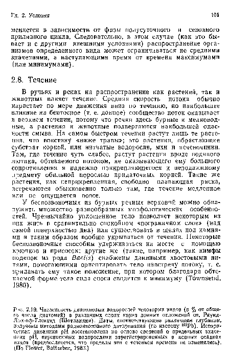 В ручьях и реках на распространение как растений, так и животных влияет течение. Средняя скорость потока обычно нарастает по мере движения вниз по течению, но наибольшее влияние на бентосное (т. е. донное) сообщество поток оказывает в верхнем течении, потому что речки здесь бурные и мелководные, а растения и животные подвергаются наибольшей опасности смыва. На самом быстром течении растут лишь те растения, что воистину «ниже травы»; это растения, обрастающие субстрат коркой, или нитчатые водоросли, мхи и печеночники. Там, где течение чуть слабее, растут растения вроде водяного лютика, обтекаемого потоком, не оказывающего ему большого сопротивления и надежно прикрепляющегося к неподвижному предмету обильной порослью придаточных корней. Такие же растения, как неприкрепленная, свободно плавающая ряска, встречаются обыкновенно только там, где течение медленное или не ощущается вовсе.