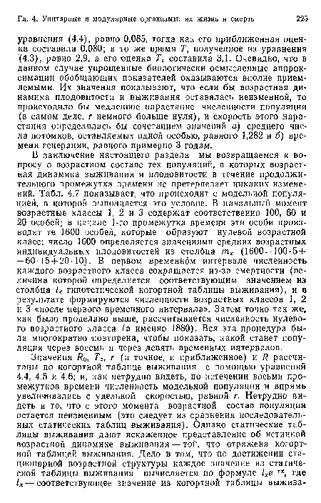 В заключение настоящего раздела мы возвращаемся к вопросу о возрастном составе тех популяций, в которых возрастная динамика выживания и плодовитости в течение продолжительного промежутка времени не претерпевает никаких измене-ний. Табл. 4.7 показывает, что происходит с модельной популяцией, в которой выполняется это условие. В начальный момент возрастные классы 1, 2 и 3 содержат соответственно 100, 60 и 20 особей; в начале 1-го промежутка времени эти особи производят те 1600 особей, которые образуют нулевой возрастной класс; число 1600 определяется значениями средних возрастных индивидуальных плодовитостей из столбца пгх (1600=100-5+ + 60-15 + 20-10). В первом временном интервале численность каждого возрастного класса сокращается из-за смертности (величина которой определяется соответствующим значением из столбца 1х гипотетической когортной таблицы выживания), и в результате формируются численности возрастных классов 1, 2 и 3 «после первого временного интервала». Затем точно так же, как было проделано выше, рассчитывается численность нулевого возрастного класса (а именно 1880). Вся эта процедура была многократно повторена, чтобы показать, какой станет популяция через восемь и через девять временных интервалов.