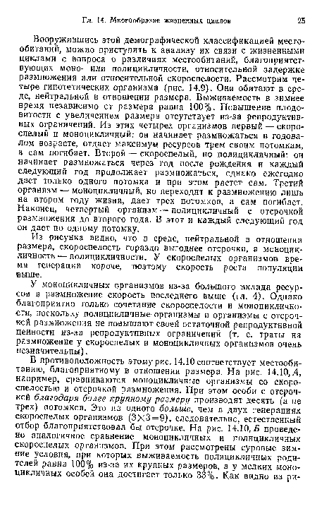 Из рисунка видно, что в среде, нейтральной в отношении размера, скороспелость гораздо выгоднее отсрочки, а моноцикличность — полицикличности. У скороспелых организмов время генерации короче, поэтому скорость роста популяции выше.