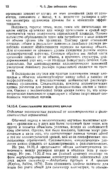 В большинстве случаев эти простые взаимосвязи между площадью и объемом взаимодействуют между собой и зависят от морфологических и физиологических особенностей рассматриваемых организмов. Следовательно, наклоны аллометрических кривых различны для разных функциональных систем и таксонов. Однако с экологической точки зрения важно то, что алло-метрические зависимости существуют и обычно затрагивают особенности жизненных циклов.