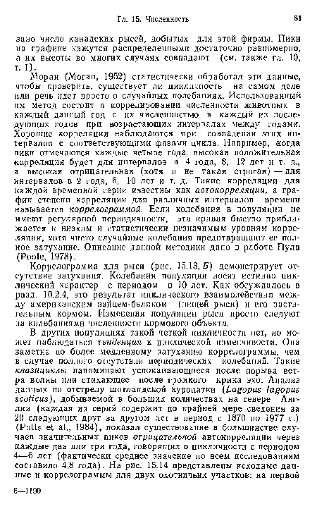 Моран (Moran, 1952) статистически обработал эти данные, чтобы проверить, существует ли цикличность на самом деле или речь идет просто о случайных колебаниях. Использованный им метод состоит в коррелировании численности животных в каждый данный год с их численностью в каждый из последующих годов при возрастающих интервалах между годами. Хорошие корреляции наблюдаются при совпадении этих интервалов с соответствующими фазами цикла. Например, когда пики отмечаются каждые четыре года, высокая положительная корреляция будет для интервалов в 4 года, 8, 12 лет и т. д., а высокая отрицательная (хотя и не такая строгая)—для интервалов в 2 года, 6, 10 лет и т. д. Такие корреляции для каждой временной серии известны как автокорреляции, а график степени корреляции для различных интервалов времени называется коррелограммой. Если колебания в популяции не имеют регулярной периодичности, эта кривая быстро приближается к низким и статистически незначимым уровням корреляции, хотя чисто случайные колебания предотвращают ее полное затухание. Описание данной методики дано в работе Пула (Poole, 1978).