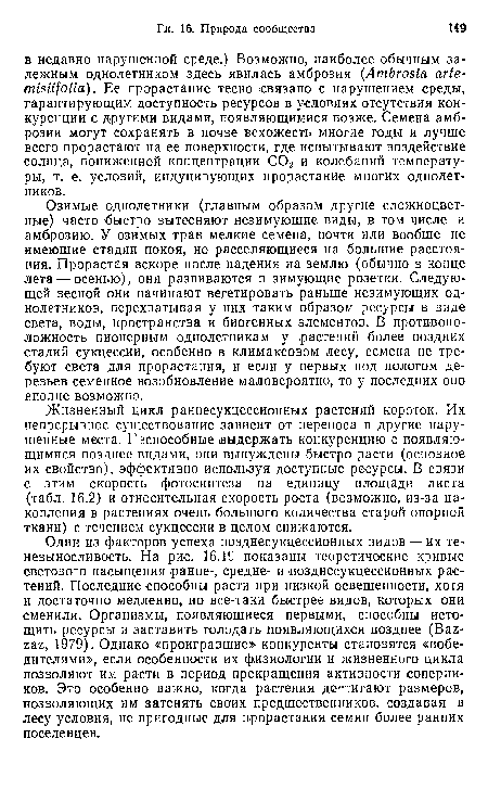 Жизненный цикл раннесукцессионных растений короток. Их непрерывное существование зависит от переноса в другие нарушенные места. I эспособные выдержать конкуренцию с появляющимися позднее видами, они вынуждены быстро расти (основное их свойство), эффективно используя доступные ресурсы. В связи с этим скорость фотосинтеза на единицу площади листа (табл. 16.2) и относительная скорость роста (возможно, из-за накопления в растениях очень большого количества старой опорной ткани) с течением сукцессии в целом снижаются.