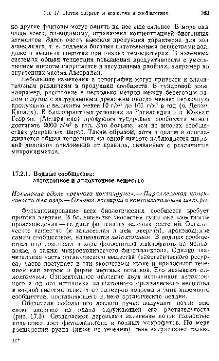 Небольшие изменения в топографии могут привести к значительным различиям в продукции сообществ. В тундровой зоне, например, расстояние в несколько метров между береговым валом и лугом с затрудненным дренажем иногда меняет первичную продукцию с величины менее 10 г/м2 до 100 г/м2 в год (о. Девон, Канада). В благоприятных условиях на Гренландии и о. Южная Георгия (Антарктика) продукция тундровых сообществ может достигать 2000 г/м2 в год. Это больше, чем во многих сообществах умеренных широт. Таким образом, хотя в целом и прослеживается общая тенденция, на одной широте наблюдается широкий диапазон отклонений от правила, связанных с различиями микроклиматов.