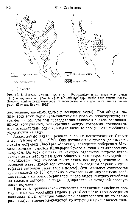 Аналогичные задачи решали в своих исследованиях Стронг и др. (Strong et al., 1979). Они изучили три группы данных: по птицам островов Лас-Трес-Мариас у западного побережья Мексики, птицам островов Калифорнийского залива и галапагосским вьюркам. Во всех случаях на каждом отдельном острове встречалась лишь небольшая доля общего числа видов «исходной совокупности» (под которой понимались все виды, живущие на соседней материковой территории, а в последнем случае и орнитофауна островов Галапагос в целом). Эти реальные сообщества сравнивались со 100 случайно составленными «нулевыми» сообществами, в которых сохранялось число видов каждого семейства на каждом острове, но виды подбирались из исходной совокупности случайно.