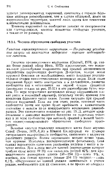 Влияние нарушений на сообщество зависит от синхронности или несинхронности, частоты появления свободных участков, а также от их размеров.