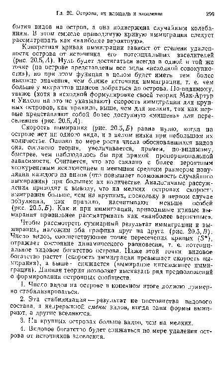 Конкретная кривая иммиграции зависит от степени удаленности острова от источника его потенциальных заселителей (рис. 20.5, А). Нуль будет достигаться всегда в одной и той же точке (на острове представлены все виды «исходной совокупности»), но при этом функция в целом будет иметь тем более высокие значения, чем ближе источник иммиграции, т. е. чем больше у мигрантов шансов добраться до острова. По-видимому, также (хотя в исходной формулировке своей теории Мак-Артур и Уилсон на это не указывают) скорость иммиграции для крупных островов, как правило, выше, чем для мелких, так как первые представляют собой более доступную «мишень» для переселенцев (рис. 20.5,Л).