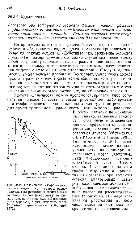 Из приведенных выше рассуждений вытекает, что островной эффект и обедненность видами должны сильнее проявляться на более удаленных островах. (Действительно, сравнение островов с участками материка — лишь крайний случай сравнения между собой островов, расположенных на разном расстоянии от континента, поскольку материковые участки можно рассматривать как острова с нулевой от него удаленностью.) Следует, однако, различать два аспекта проблемы. Во-первых, удаленность может просто отражать степень физической изоляции. С другой стороны, она неодинакова в зависимости от рассматриваемых организмов; один и тот же остров можно считать отдаленным с точки зрения наземных млекопитающих, но «близким» для птиц.