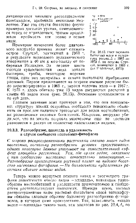 С широко распространенными растениями связано много видов насекомых, поскольку разнообразны условия существования, однако некоторые данные указывают на самостоятельный «эффект площади» расселения.— Там, где орляк редок, связанное с ним сообщество насекомых относительно ненасыщенно. — Разнообразие архитектоники растений влияет на видовое богатство насекомых-фитофагов. — На биологически «удаленных» растениях обитает меньше видов.