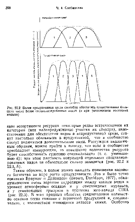 Более продуктивная среда способна обеспечить существование большего числа более специализированных видов (п при равновесном состоянии меньше)