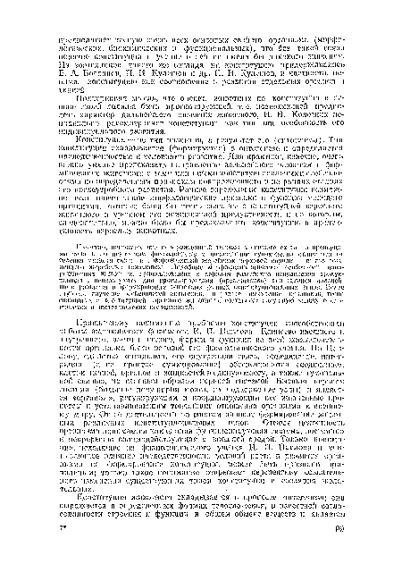 Конституция — не тип развития, а результат его (онтогенеза), Тин конституции складывается (формируется) в онтогенезе п определяется наследственностью и условиями развития. Для практики, конечно, очень важно умение предсказать направление дальнейшего развития п формирование. животного с темп пли иными конституциональными особенностями по определенным признакам новорожденного и па рашшх стадиях его послеутробного развития. Раннее определение конституции возможно, если найти такие морфологические признаки п функция молодого организма, которые были бы тесно связаны с конституцией взрослого животного н уровнем его пожизненной продуктивности и по которым, следовательно, можно было бы предсказывать конституцию и продуктивность взрослых животных.