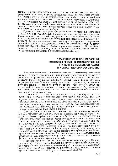 В племенных совхозах и на племенных колхозных фермах практикуют, как правило, чистопородное разведение животных плановой, породы; лишь в отдельных случаях —по заданиям или с разрешения Министерства сельского хозяйства СССР и областных (краевых) земельных органов — может быть применено вводное или воспроизводительное скрещивание. Широкое развитие в племенных хозяйствах должно получить разведение животных по линиям.