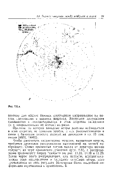 Чтобы рассчитать океанические течения, вызванные ветром, требуется детальное распределение напряжений на земной поверхности. Схему приземных ветров вдали от экватора можно получить из карт приземного давления (рис. 2.3), а распределение тропических ветров показано на рис. 11.24, 11.28 и 11.29. Такие черты этого распределения, как пассаты, внутритропи-ческая зона конвергенции и западные струйные ветры, ясно проявляются на этих рисунках. Источники более подробной информации перечислены в приложении 5.