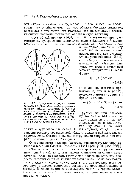 Описание этого явления (которое предшествовало объяснению) было дано Скоттом Расселом (1844) (см. [429, разд. 236) ): «Часто отмечалось, что если изолированные группы волн явно одной и той же длины распространяются по сравнительно глубокой воде, то скорость группы как целого меньше, чем скорость составляющих ее индивидуальных волн. Если рассматривать отдельную волну, можно видеть, что она перемещается через группу вперед, постепенно затухая по мере приближения к фронту. В то же время ее предыдущее место в группе последовательно занимают другие волны, которые переместились вперед с тыла».